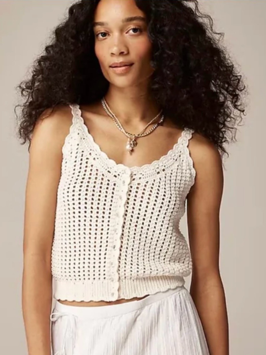 J.Crew Ivory Crochet Button Up Sweater Tank Boho Knit Top Medium